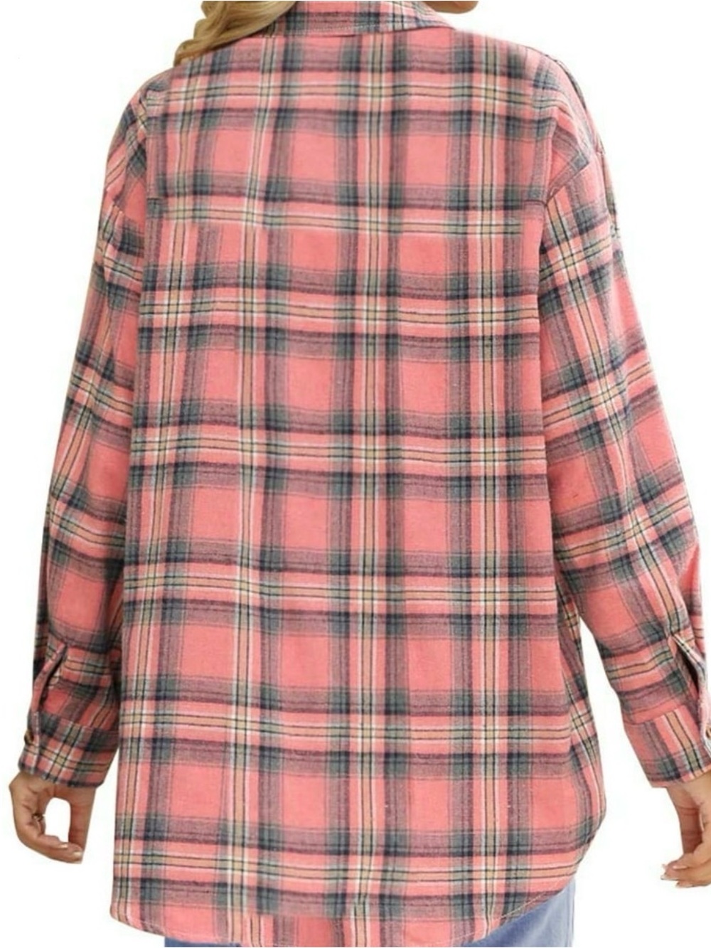 💛 Oversized Plaid Button-Up Flannel Shirt - Coral Pink - Picture 2 of 8